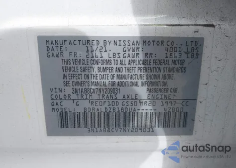 2022 Nissan Sentra Sv Xtronic Cvt из США, поврежденный, VIN 3N1AB8CV7NY209031